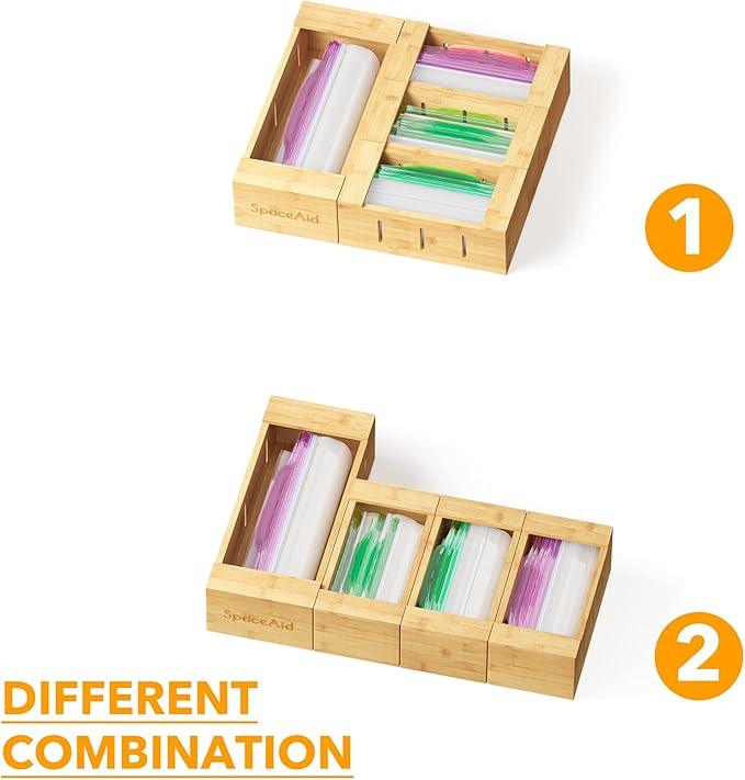 SpaceAid Bag Storage Organizer for Kitchen Drawer, Bamboo Organizer, Compatible with Gallon, Quart, Sandwich and Snack Variety Size Bag (4 Pack), 2.5