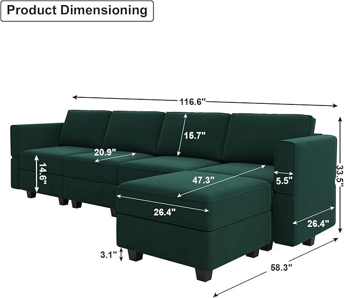 Belffin Modular Sectional Sofa Couch with Reversible Chaise - Velvet L Shaped Couch with Storage, 4-seat Convertible Green.…