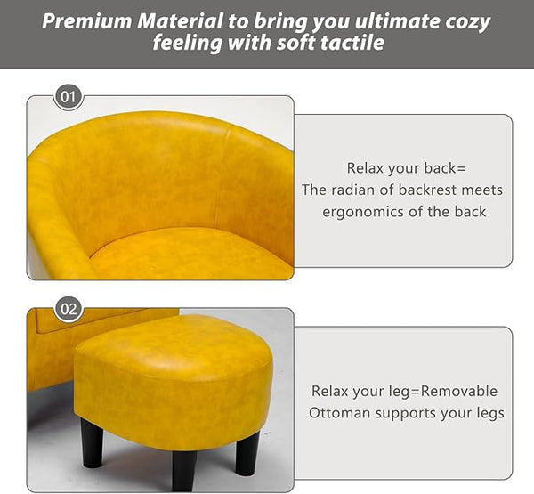 INZOY Modern Accent Chair with Ottoman for Small Space, Club Chair with Ottoman Set, Comfy PU Leather Barrel Reading Chairs for Living Room Bedroom, Round Reading Chair with Foot Rest, Yellow