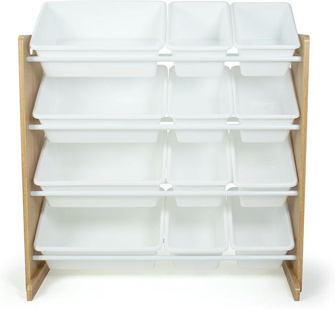 Humble Crew Kids Toy Storage Organizer with 12 Plastic Bins, Natural Wood/White – Removable Bins for Playroom, Bedroom, Toddler Furniture for Boys and Girls Ages