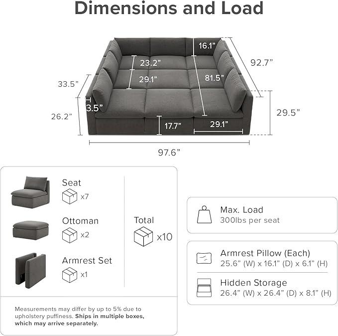 mopio Oversized Modular Sectional Sofa with Fully Removable Covers and Storage, Convertible U, L-Shaped and Sleeper Sectional, Modern Couches with Ottoman Chaise (Stone Gray Fabric, 9 Seats, Sleeper)