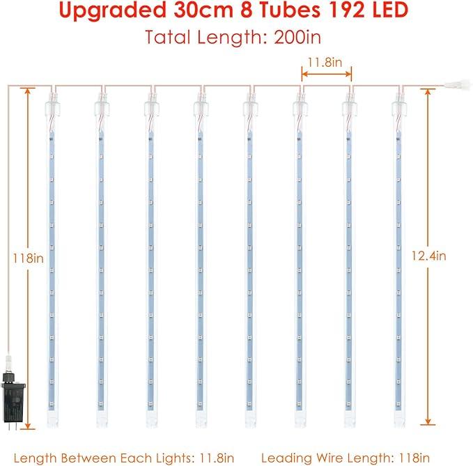 2-Pack Meteor Shower Lights Outdoor Waterproof, Rain Drop Christmas Lights Total 384 LED 30cm 16 Tubes Snow Cascading String Lights Plug in for Xmas Tree Wedding Party Garden Décor (Red and White)