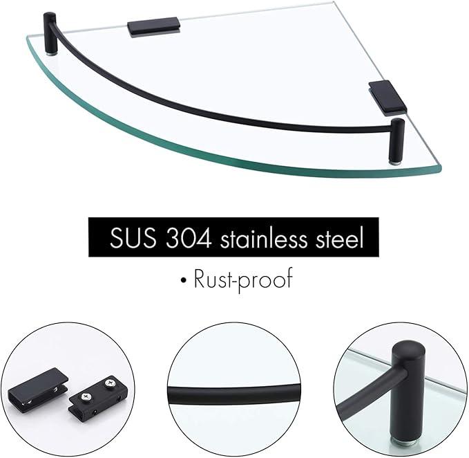 KES Bathroom Glass Corner Shelf Tempered Glass Shelf with Rail Wall Mount Corner Shelf SUS 304 Stainless Steel Matte Black 2 Pack, BGS2101A-BK-P2
