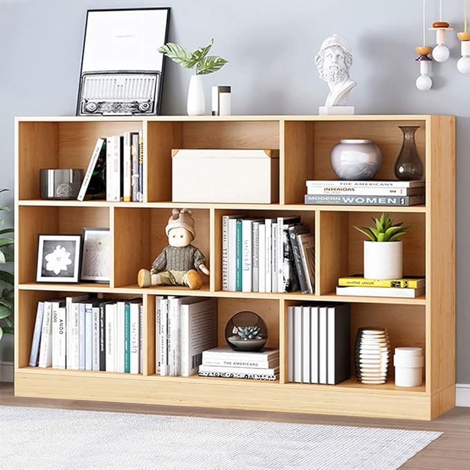 IOTXY Open Shelf Low Bookcase - Wooden 3-Tier Floor Standing Display Cabinet Organizer with Base, 10 Cubes Short Horizontal Bookshelf in Pear Yellow