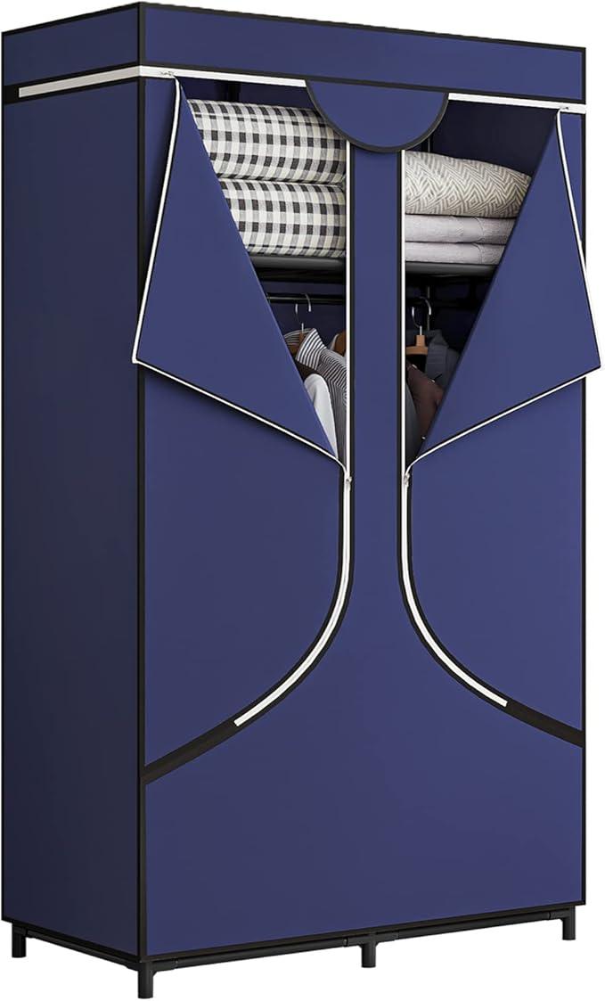 SORCEDAS Portable Wardrobe Closet Storage Organizer Metal Hanging Rack Non-Woven Fabric 34 Inch Coffee (34 Inch, Blue)