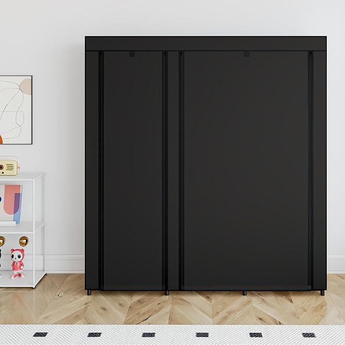 SORCEDAS Portable Wardrobe Closet Storage Organizer Metal Hanging Rack Non-Woven Fabric (Black, 51 Inch)