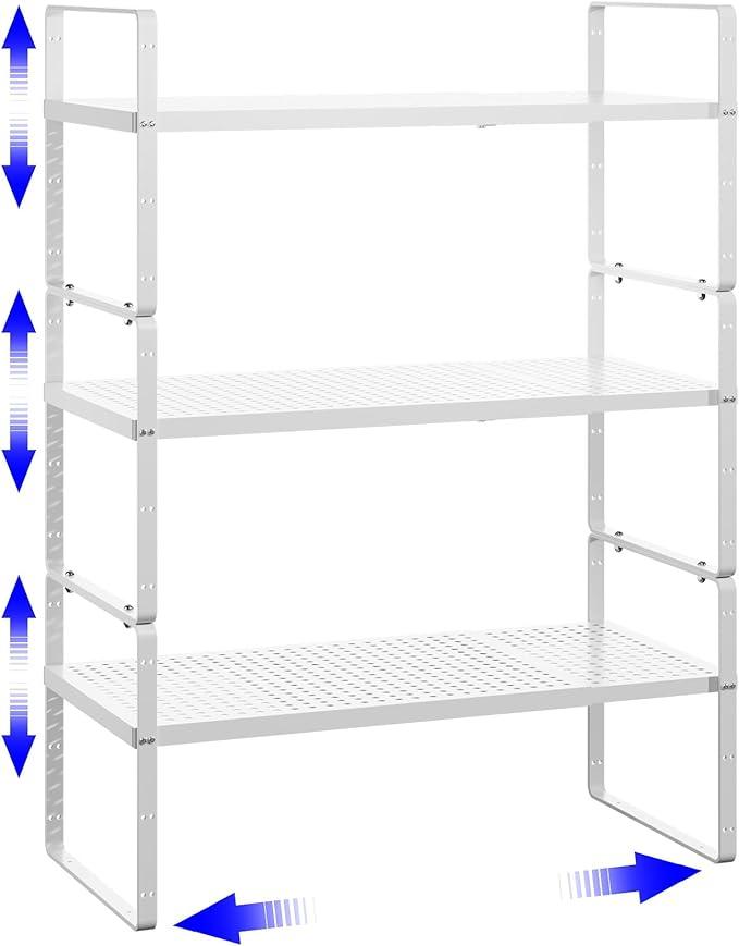 Expandable Kitchen Shelf Organizers, Kitchen Cabinet Organizer Stand Rack Organization for Countertop Cupborad Pantry, White 3 Pack