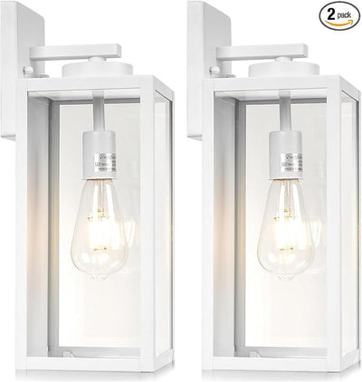 16-inch Large Outdoor Wall Light Fixture, White Exterior Wall Lantern Waterproof, Farmhouse Porch Sconce Lighting with Glass, Modern Outside Lights for House, Garage, Patio Lamp, 2 Packs