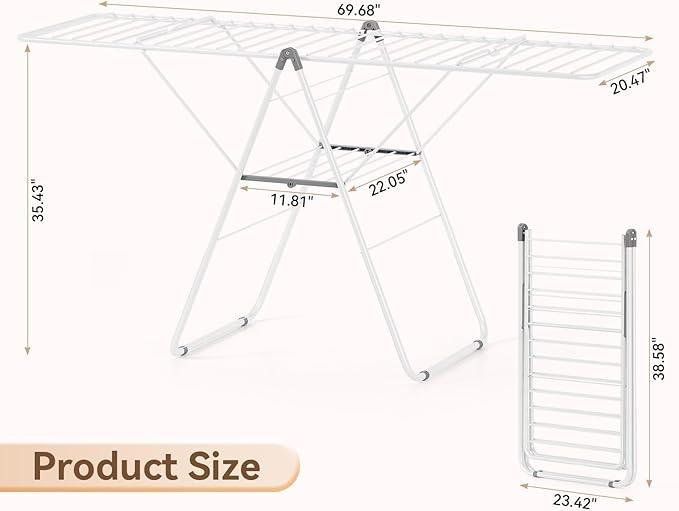 APEXCHASER Clothes Drying Rack, Foldable Drying Rack Clothing, Sturdy Metal Laundry Drying Rack, Height-Adjustable Gullwing, Easy to Fold, Space-Saving, for Indoor Outdoor, White
