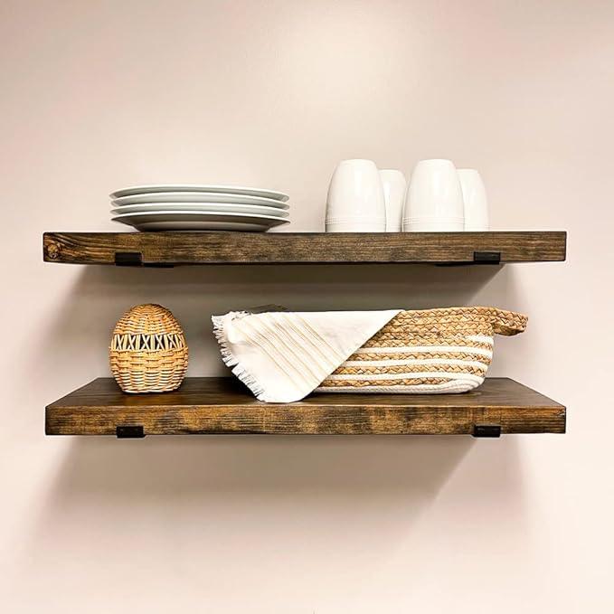 Rustic Shelves with J-Brackets Set of 2, Industrial Shelf, Kitchen Shelves, Solid Wood, Decorative Wall Storage, Heavy Duty, URBANDI (Dark Brown, 12Wx10D)