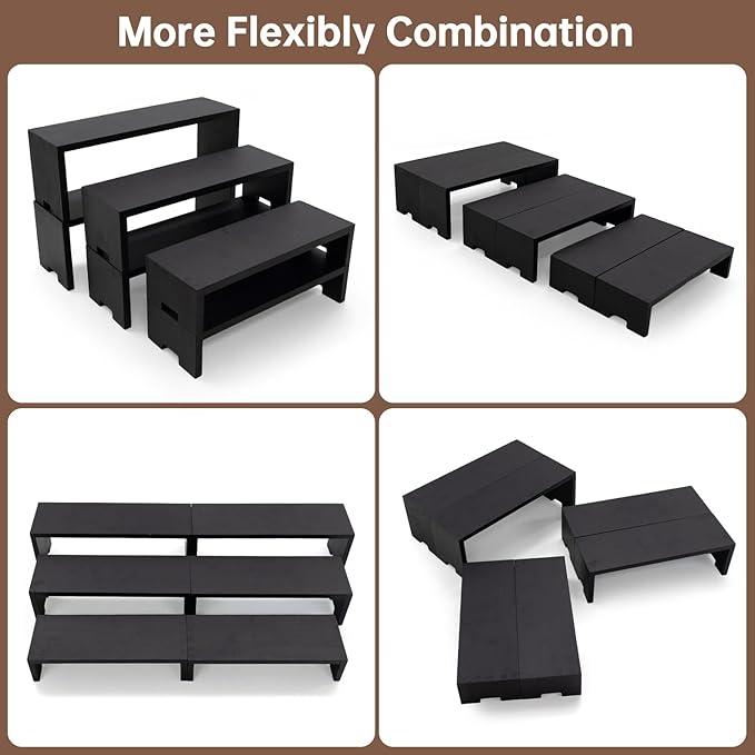 Display Wood Risers Wooden Stand 3 Tier Black Wood Racks Decorative Rectangular, 2 Set 6 Piece Cupcake Stands Cologne Perfume Organizer Dessert Showcase(Black)