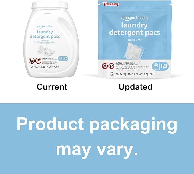 Amazon Basics Laundry Detergent Pacs, Hypoallergenic, Free & Clear, 120 Count (New Packaging)
