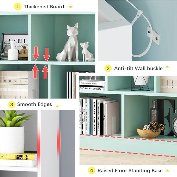 IOTXY Open Shelf Low Bookcase - Wooden 3-Tier Floor Standing Display Cabinet Organizer with Base, 10 Cubes Short Horizontal Bookshelf in Warm White