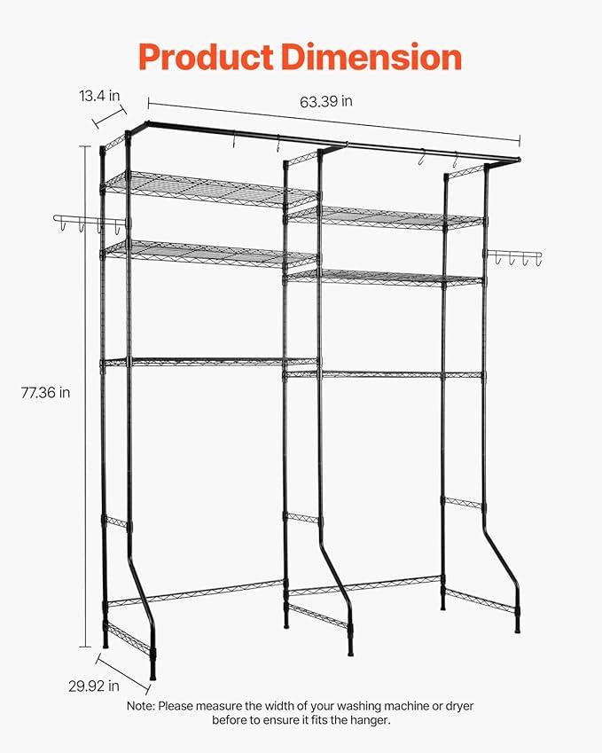 VEVOR Over The Washer and Dryer Storage Shelf, 6 Tier Laundry Room Drying Rack with Hanger Rod and Hooks, Adjustable Over Washer and Dryer Shelves, Laundry Room Shelf Storage Space Saver, Black