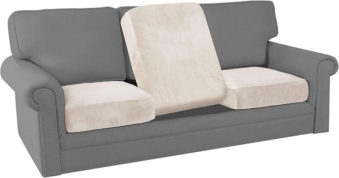 PrinceDeco Stretch Sofa Cushion Covers for Couches and Sofas,Soft Velvet Couch Seat Covers, Sofa Covers Washable, Seat Cushion Cover for 3 Couch Sofa Pet Friendly - Ivory, Each Width Up to 29.5