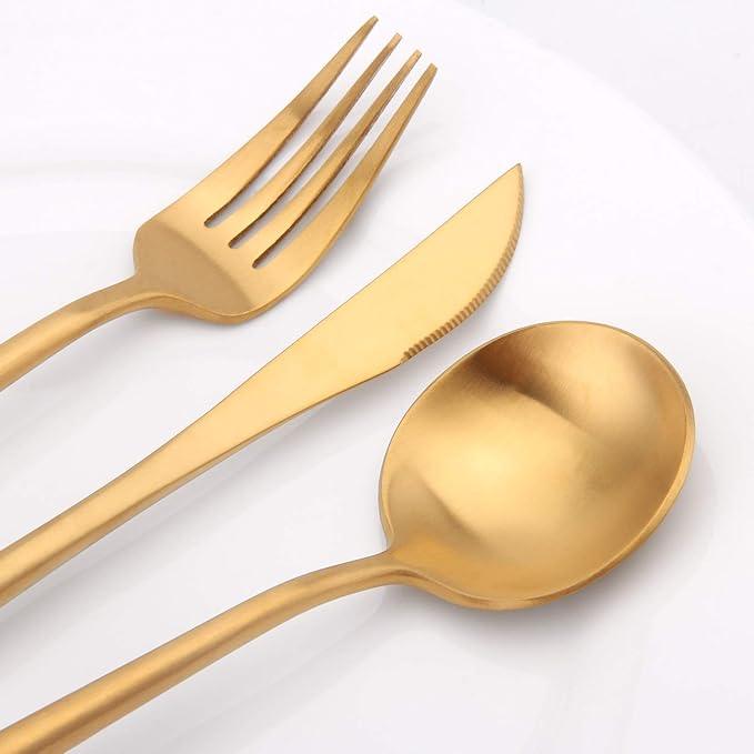 Matte Gold Silverware Set, Vanys 20 Piece Stainless Steel Cutlery Flatware Set, Kitchen Utensil Sets for 4, Tableware With Knife Spoons And Forks Set, Satin Finished Polished