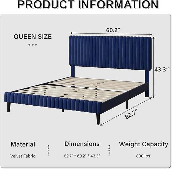 Queen Size Bed Frame with Headboard, Velvet Upholstered Platform Bed with Vertical Channel Tufted Design, No Box Spring Required, Easy Assembly, Blue