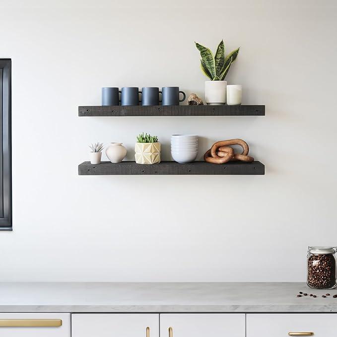 Urban Legacy Reclaimed Barnwood Planks | Floating Shelves for Wall w/Flush Mount Shelf Bracket Set Included | Set of 2 (Coffee Bean, 40