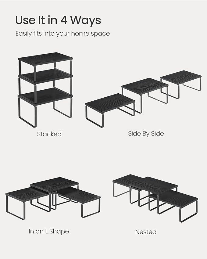 SONGMICS Cabinet Organizer Shelf, Set of 3 Kitchen Counter Shelves, Kitchen Storage, Spice Rack, Stackable, Expandable, Anthracite Gray and Matte Black UKCS220B01