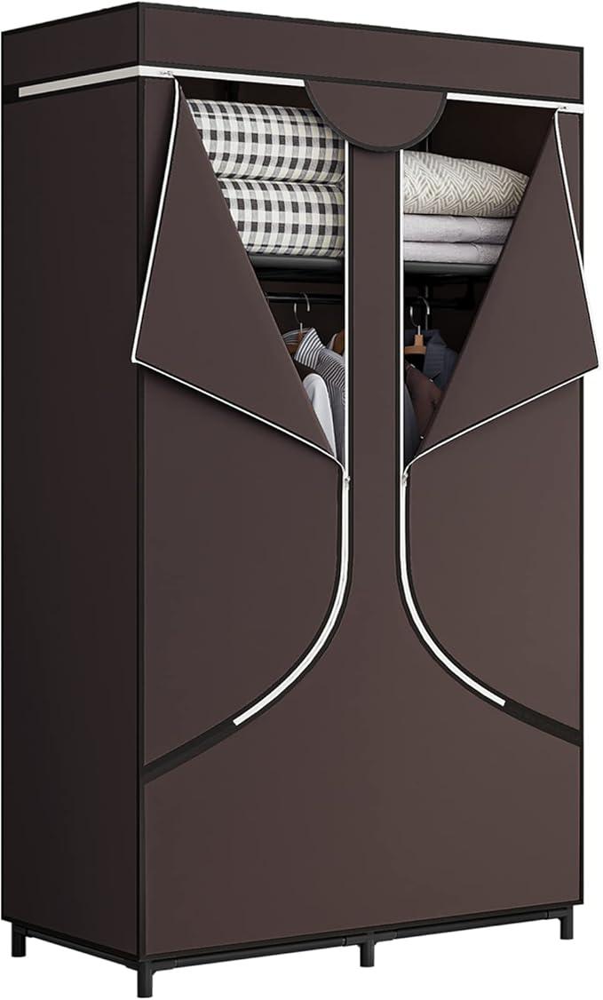 SORCEDAS Portable Wardrobe Closet Storage Organizer Metal Hanging Rack Non-Woven Fabric 34 Inch Coffee (34 Inch, Coffee)