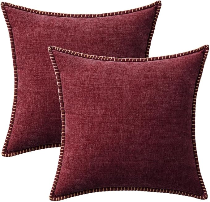 MIULEE Pack of 2 Christmas Pillow Covers 20x20 Inch Burgundy Red Farmhouse Decorative Throw Pillow Covers with Stitched Edge Soft Chenille Solid Dyed Couch Pillow Covers for Sofa Bed Living Room