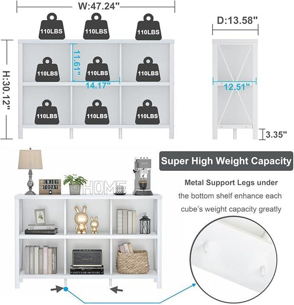 FATORRI 6 Cube Storage Organizer with Shelf, Long Wood and Metal Cubby Bookcase, Industrial Horizontal Bookshelf (White Oak, 47 Inch)