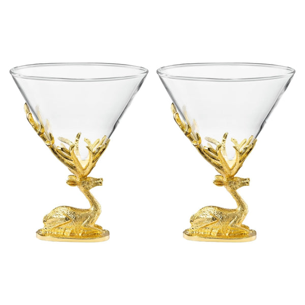 Stag Antler Cocktail Glasses Set of 2 Gold Deer Design Elegant Animal Inspired Barware