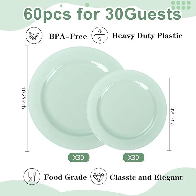 FLOWERCAT 60PCS Sage Green Plates - Heavy Duty Plastic Plates Disposable for Party/Easter - Include 30PCS 10.25inch Sage Green Dinner Plates and 30PCS 7.5inch Dessert Plates