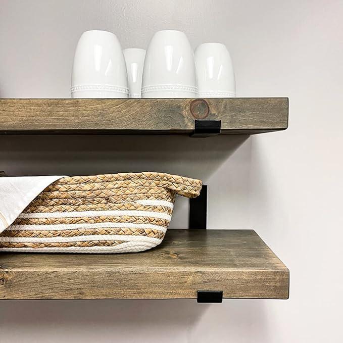Rustic Shelves with J-Brackets Set of 2, Industrial Shelf, Kitchen Shelves, Solid Wood, Decorative Wall Storage, Heavy Duty, URBANDI (Grey, 48Wx12D)