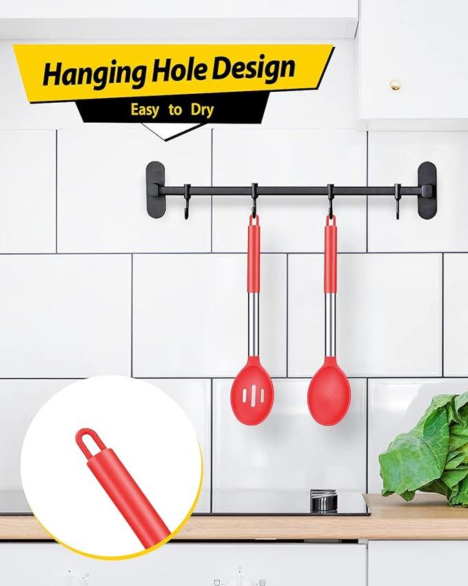 Pack of 2 Large Silicone Cooking Spoons,Non Stick Solid Basting Spoon,Heat-Resistant Kitchen Utensils for Mixing,Serving,Draining,Stirring (RED)