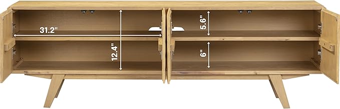 NTC Sapa Mid-Century Modern Solid Wood TV Stand 4-Door Media Console with Carved Geometric Fronts for TVs up to 75