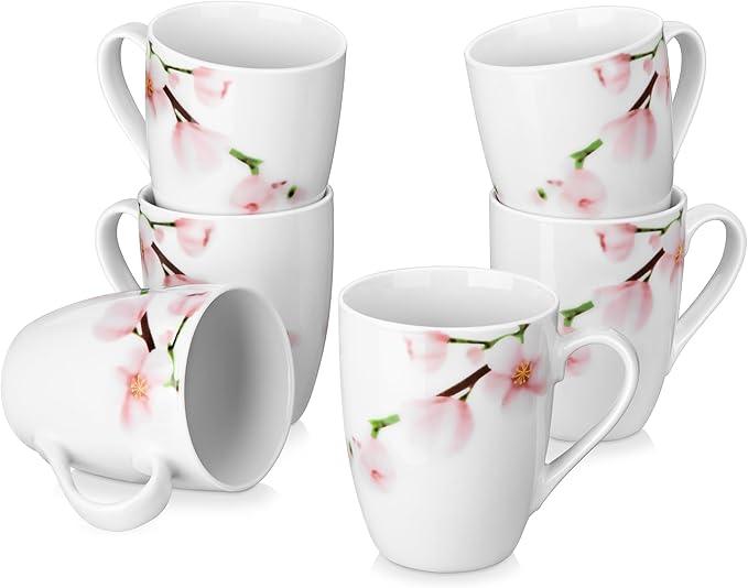 VEWEET Coffee Mugs Set of 6, 11 OZ Coffee Cups Set with Handle, Floral Mug Sets Ceramic Cup Set for Kitchen, Microwave & Dishwasher Safe, Series ANNIE