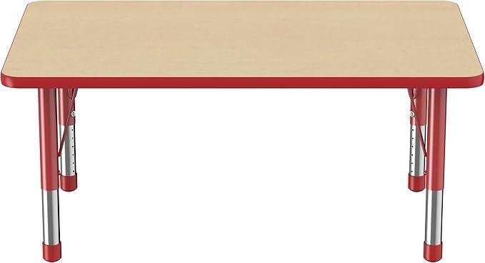 FDP Rectangle Activity School and Classroom Kids Table (30 x 48 inch), Chunky Toddler Legs, Adjustable Height 15-24 inches - Maple Top and Red Edge