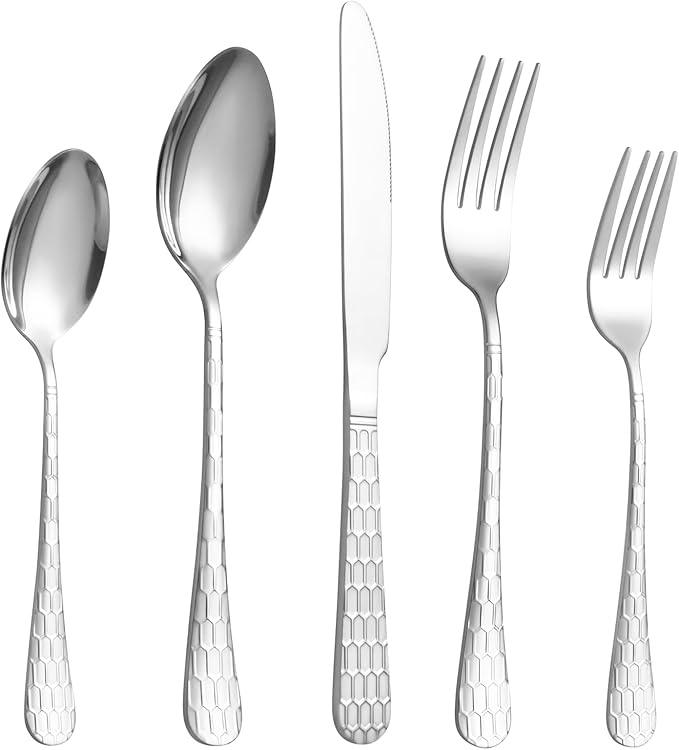 40 Pcs Silverware Set for 8 with Water Cube Handle design, Food Grade Stainless Steel Flatware Set, Eating Utensils Sets Include Fork/Knife/Spoon, Reusable Cutlery Set, Dishwasher Safe