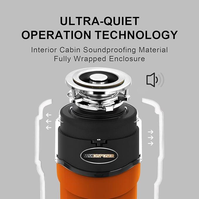 Garbage Disposal 1 HP Ultra Quiet Intelligent Auto-Reverse Function Continuous Feed Food Waste Disposer with Power Cord Easy install, AC Motor Stainless Steel Grind 1 Horsepower (MAX-6)