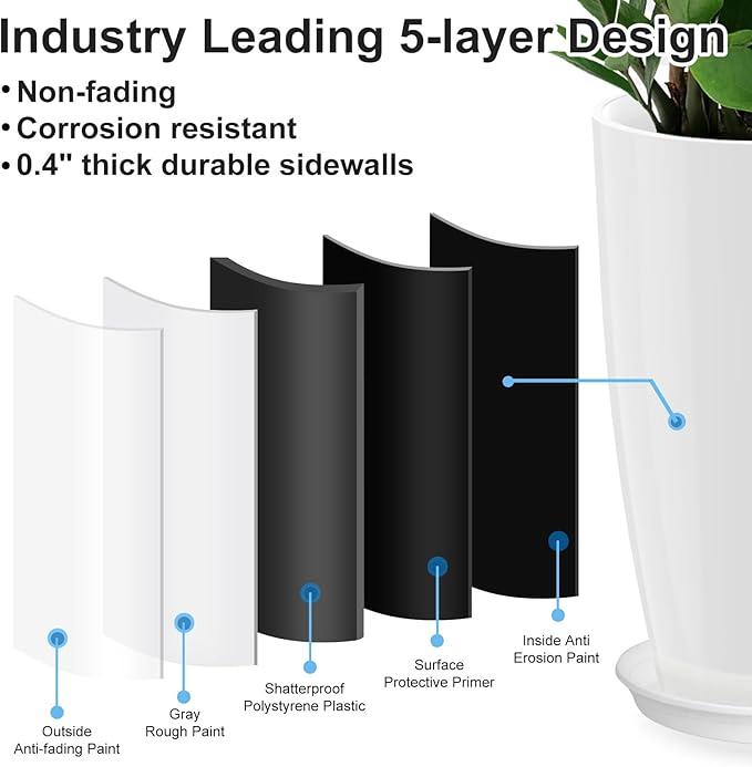 Tall Flower Pot Indoor - Outdoor Plant Pot - White Glossy Planter - Elegant Ceramics Imitation - 12