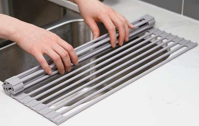 Surpahs Over Sink Foldable Multipurpose Roll-Up Dish Drying Rack, Silicone Wrapped Stainless Steel, Warm Gray, 17.5