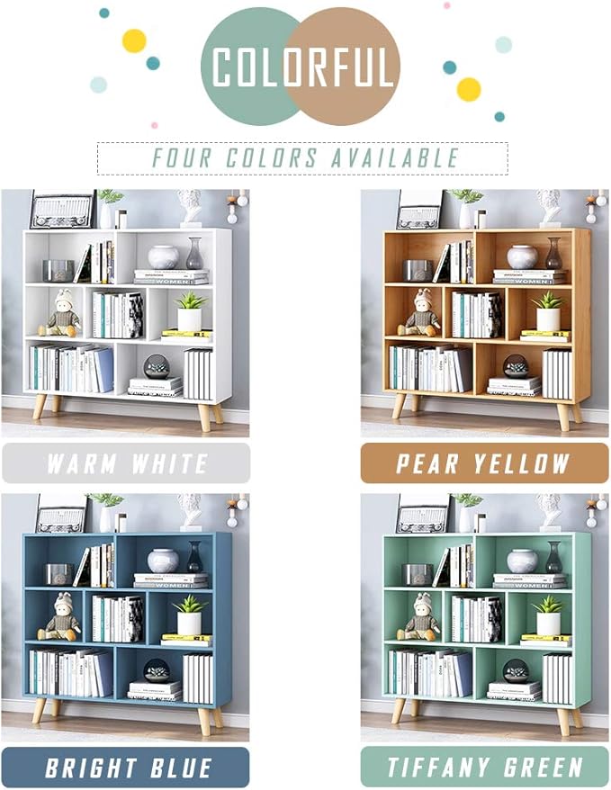 IOTXY Wooden Open Shelf Bookcase - 3-Tier Floor Standing Display Cabinet Rack with Legs, 7 Cubes Bookshelf, Pear Yellow