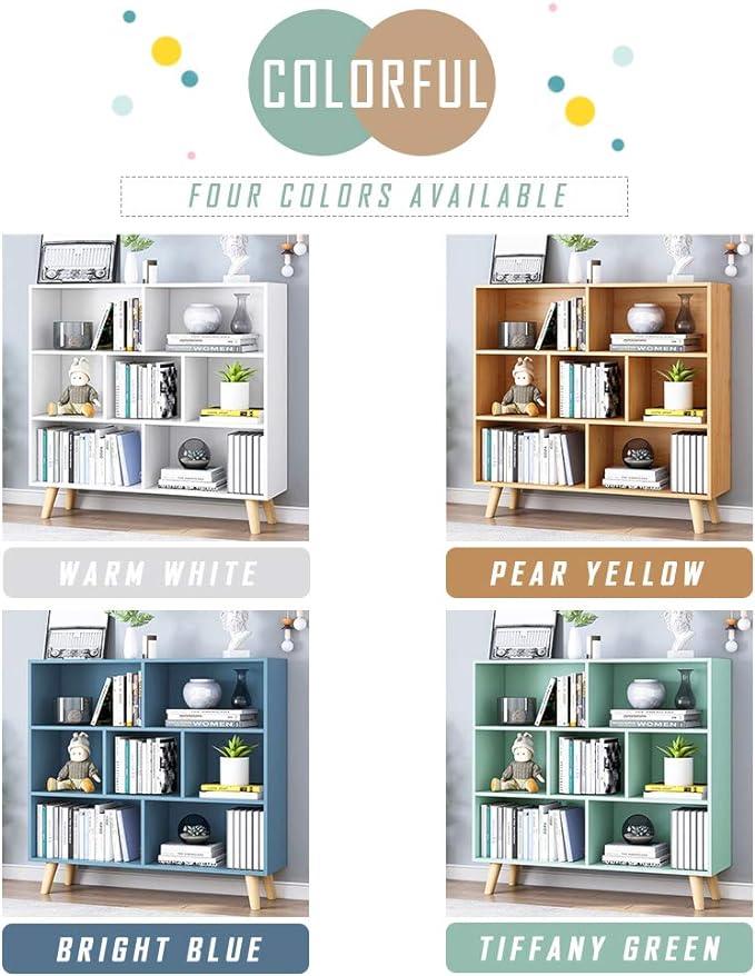 IOTXY Wooden Open Shelf Bookcase - 3-Tier Floor Standing Display Cabinet Rack with Legs, 7 Cubes Bookshelf, Bright Blue
