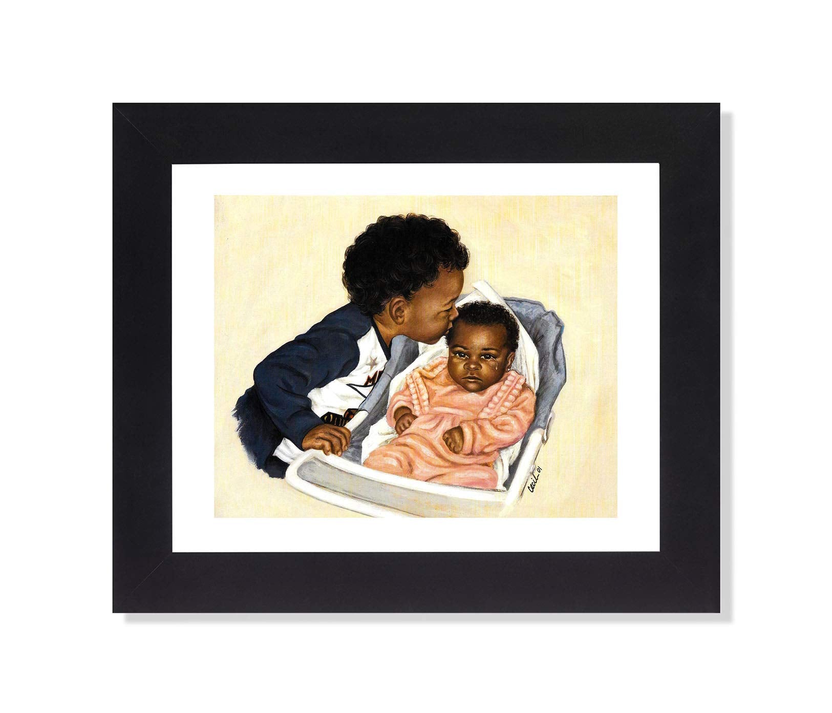 Black Framed Art Print – African American Big Brother with Baby, 8x10 Oak Frame