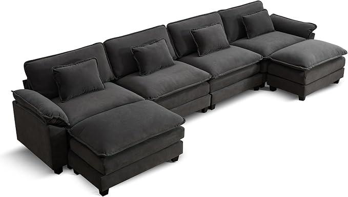 URRED Modular Sectional Sofa Comfy Cloud Couch, Modern Velvet Sofa Sleeper Deep Seat Couches with Ottoman/Pillows for Living Room (Dark Gray, 154'' - U Shape)