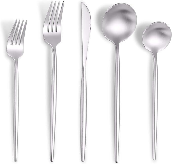 Matte Silverware Set for 4,Modern Stainless Steel Brushed Cutlery Set,20-Pieces Heavy Duty Flatware Set,Knives Spoons and Forks Set Utensils Set, Satin Finish, Dishwasher Safe