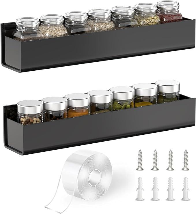 PMMASTO Adhesive Acrylic Spice Rack Organizer for Wall with Nano Double Sided Tape, Spice Shelf Organization for Kitchen Cabinet Door/Pantry Door, Wall Mount Seasoning Rack (Black-2 Pack)