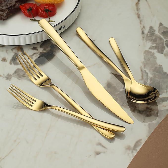 Berglander Gold Silverware Set 60pcs Service for 12, Golden Titanium Plating Stainless Steel Flatware Set, Gold Spoons Forks Knives Set for Home, Wedding, Restaurant, Hotel, Dishwasher Safe