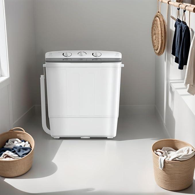Portable Mini Twin Tub 18lbs Washing Machine With Drying Rack& 10 Hangers, 11lbs Washer & 7lbs Spinner, Small Laundry Washer with Time Control for Camping, Apartments, RV (18lbsBlack)