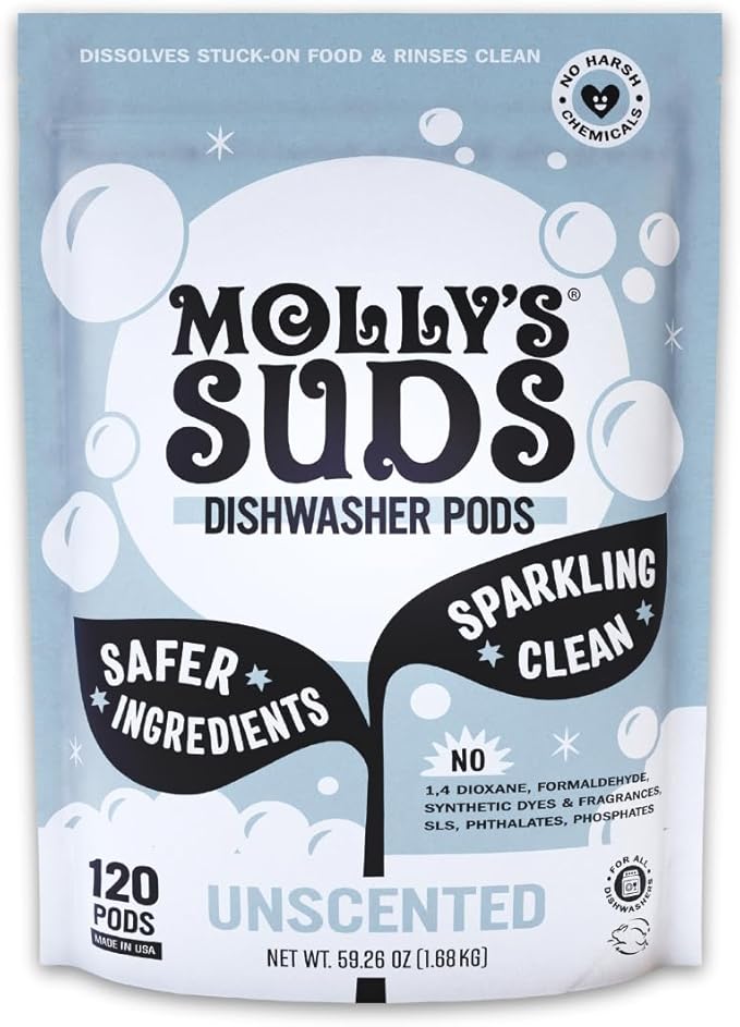 Molly's Suds Dishwasher Pods | Clean Dishwasher Detergent, Cuts Grease & Rinses Clean (Residue-Free) for Sparkling Dishes | 120 Auto-Release Tabs (Unscented)