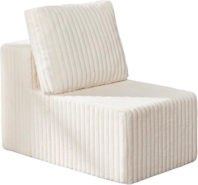 Single Sofa 1 Seat Couch with Deep Seat Memory Foam Cloud Chair with Pillows Large Sofa with L Shape for Living Room Bedroom (Strip White, Single)