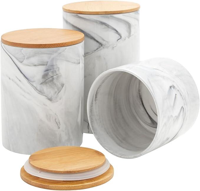 Farmlyn Creek Sugar & Coffee Container Set 3-Piece - White Marble Finish Ceramic Jar Set - Airtight Wood Lids - Ceramic Containers with Lids for Countertop Storage (5.9