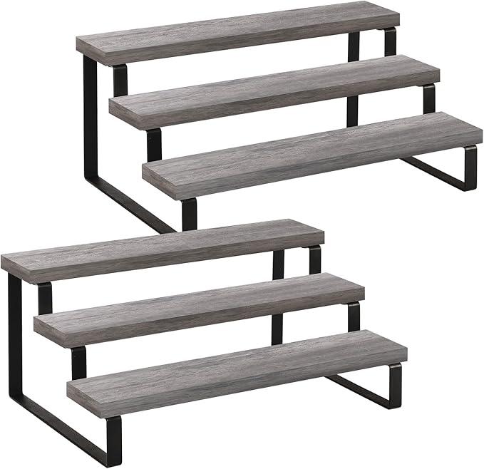 YINMIT Wooden Display Riser Stand, Tiered Perfume and Cologne Organizer Stand, 3 Tier Spice Rack Organizer, Rustic Display Shelf for Candles (3 Tier,2Pack,Grey)