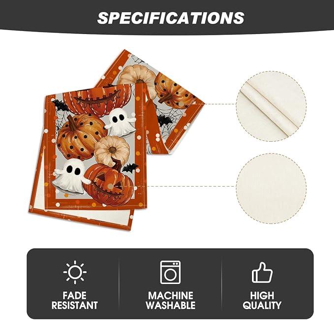 Artoid Mode Orange Jack-O'-Lantern Pumpkin Ghost Halloween Table Runner, Holiday Kitchen Dining Table Decoration for Home Party Decor 13 x 72 Inch